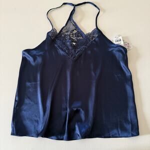 IN BLOOM by Jonquil | Navy Blue Satin Lace Trim Racerback Camisole | Small